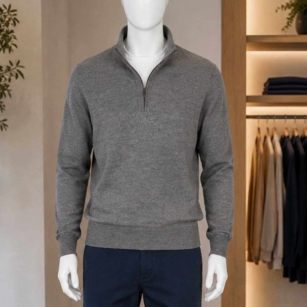 Banana Republic Mens Sweater Gray Extra Fine Merino Wool Quarter Zip Medium
